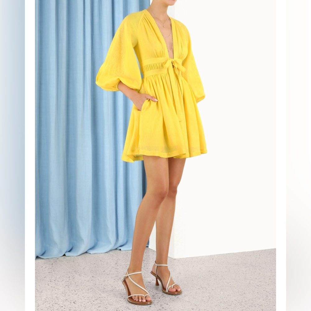 Zimmermann yellow linen Shelly plunge bow mini dress - Picture 3 of 14